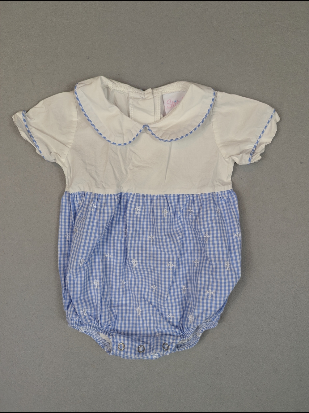 Stitchy Fish Baby Boys Blue Gingham Cross Bubble Size 6  Months Easter Baptism